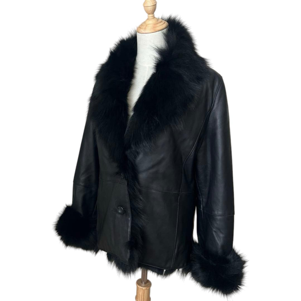 FOX FUR SHEEP LEATHER REAL FUR JACKET BLACK VOLUMINOUS SIZE M/L JAPAN - 26-308 image 1