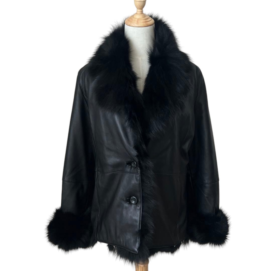 FOX FUR SHEEP LEATHER REAL FUR JACKET BLACK VOLUMINOUS SIZE M/L JAPAN - 26-308 image 2
