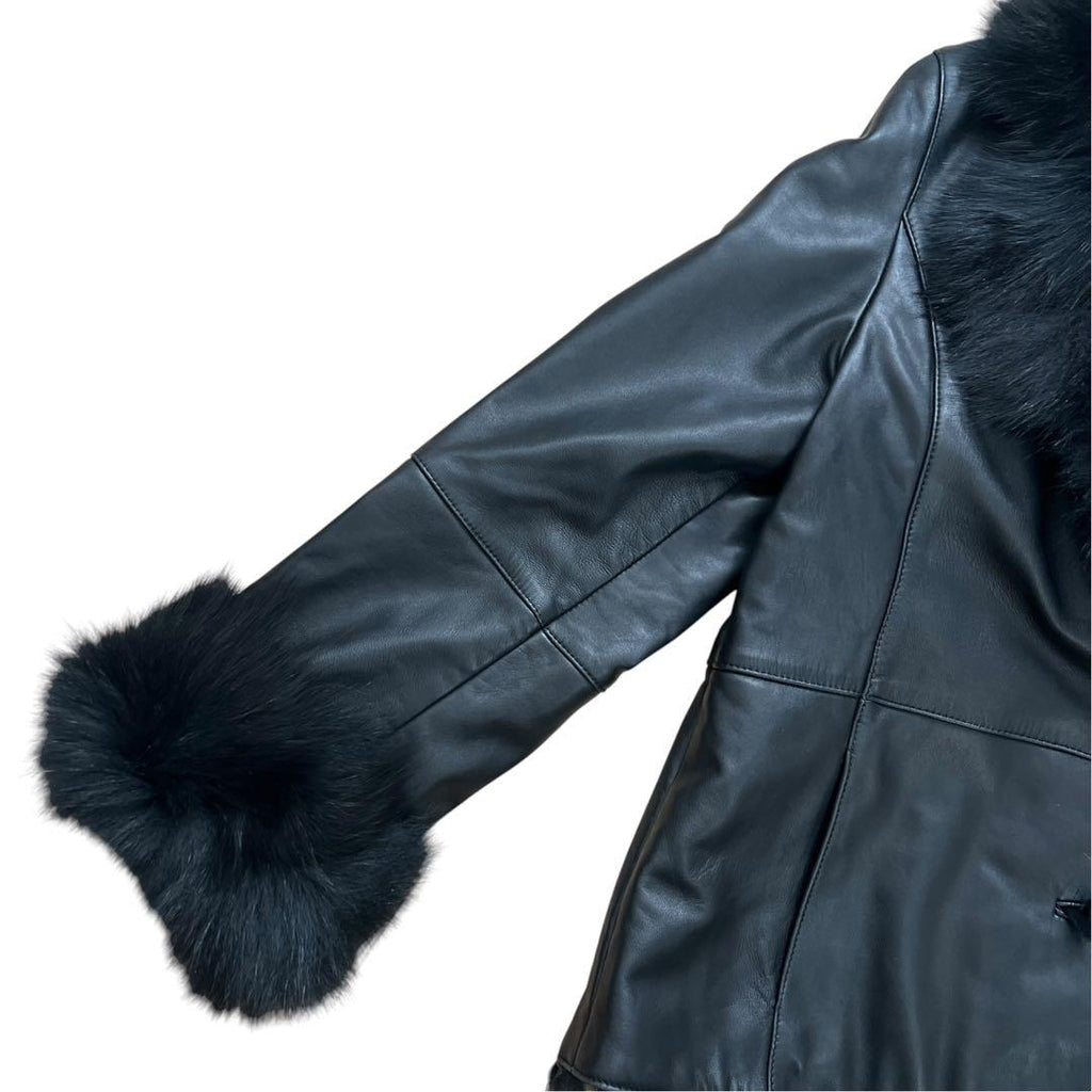 FOX FUR SHEEP LEATHER REAL FUR JACKET BLACK VOLUMINOUS SIZE M/L JAPAN - 26-308 image 3