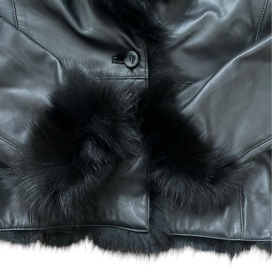 FOX FUR SHEEP LEATHER REAL FUR JACKET BLACK VOLUMINOUS SIZE M/L JAPAN - 26-308 image 5