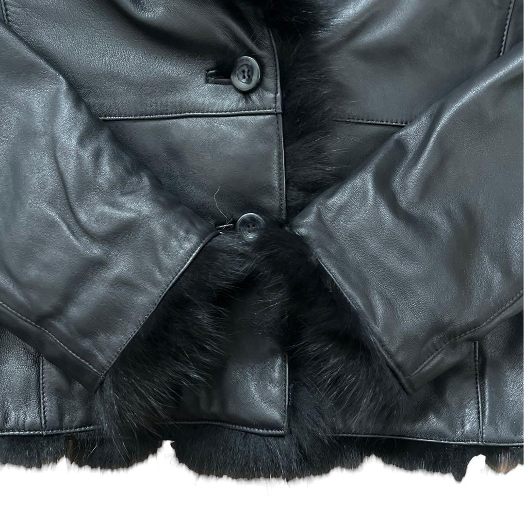 FOX FUR SHEEP LEATHER REAL FUR JACKET BLACK VOLUMINOUS SIZE M/L JAPAN - 26-308 image 6