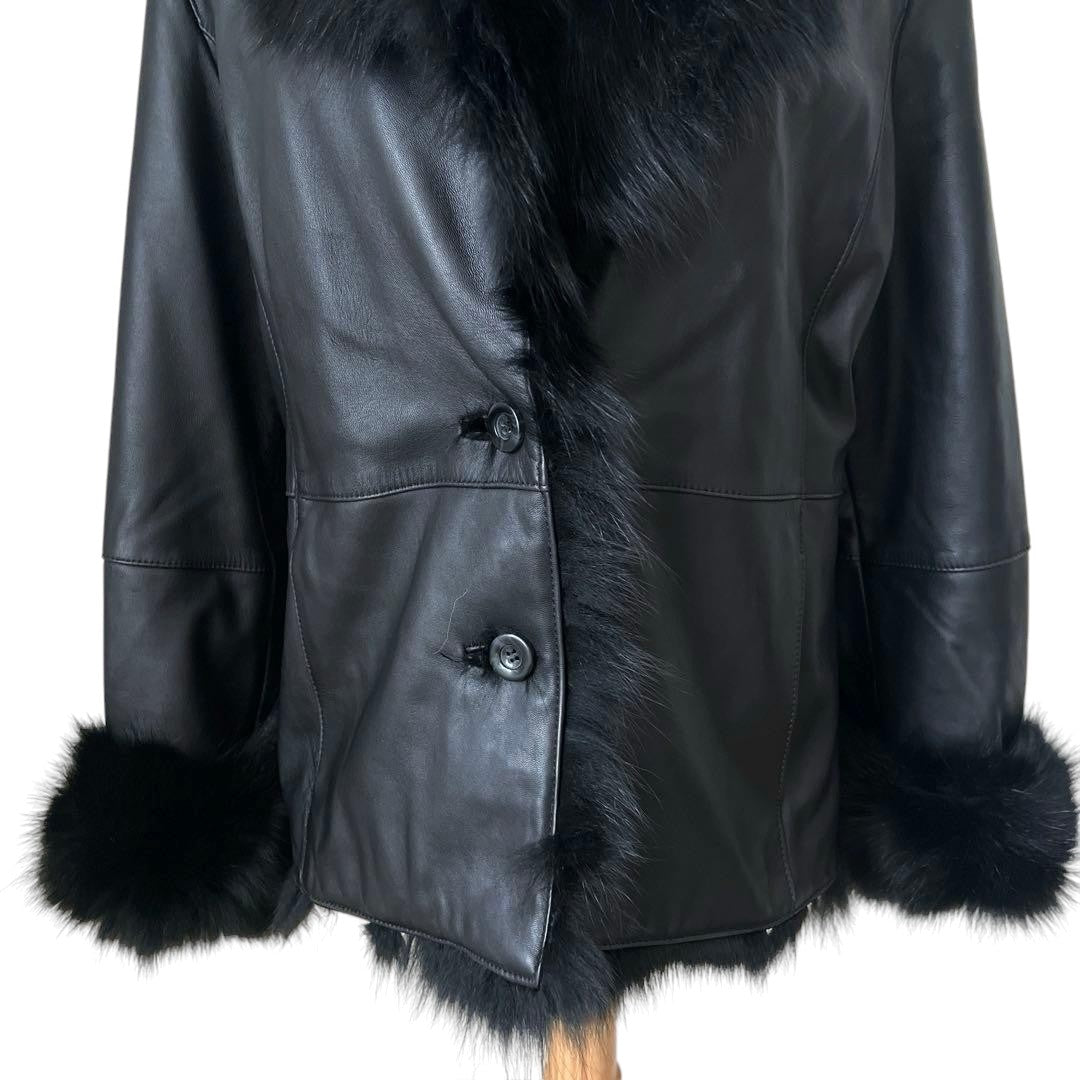 FOX FUR SHEEP LEATHER REAL FUR JACKET BLACK VOLUMINOUS SIZE M/L JAPAN - 26-308 image 13