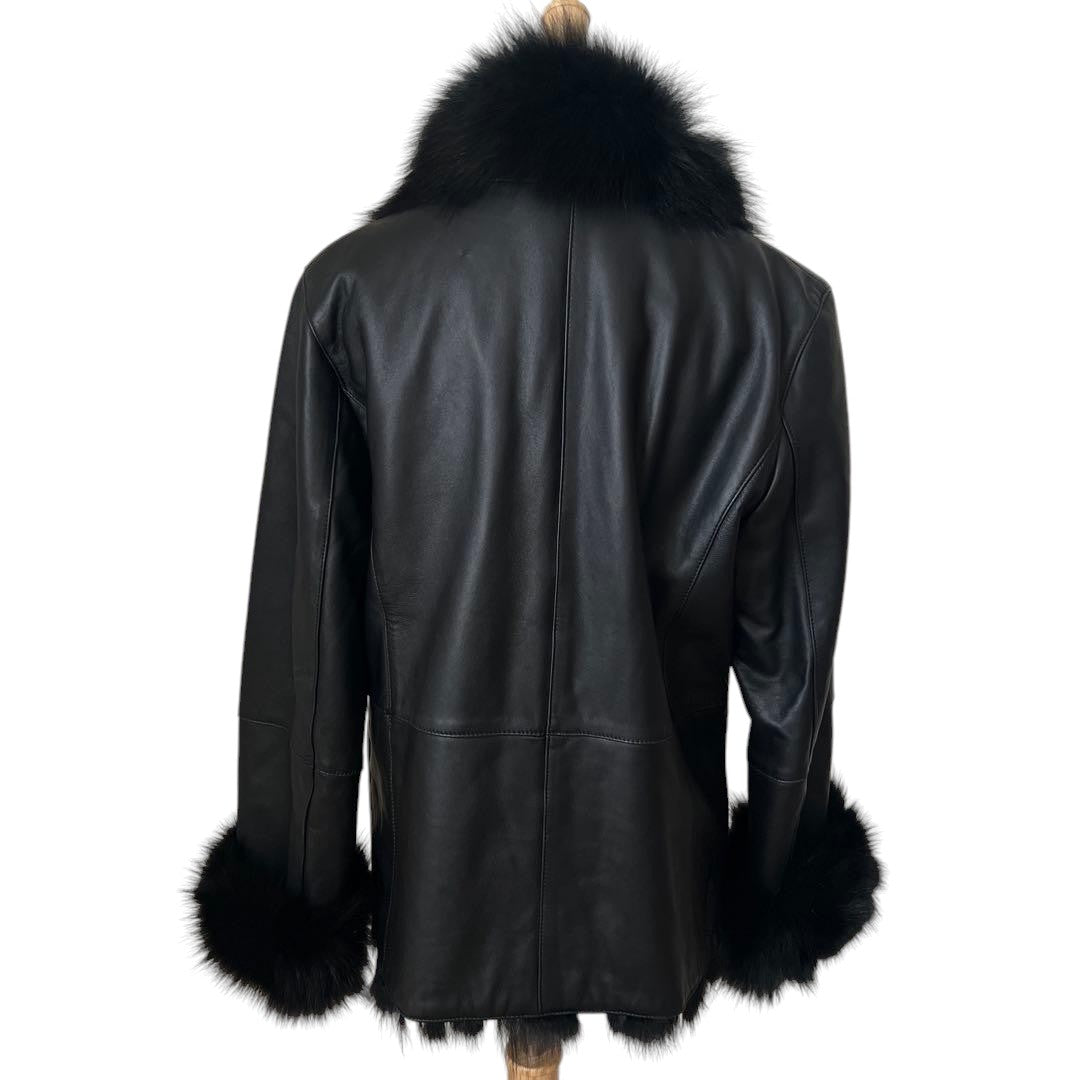FOX FUR SHEEP LEATHER REAL FUR JACKET BLACK VOLUMINOUS SIZE M/L JAPAN - 26-308 image 15