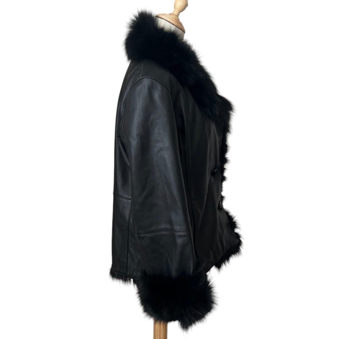 FOX FUR SHEEP LEATHER REAL FUR JACKET BLACK VOLUMINOUS SIZE M/L JAPAN - 26-308 image 16