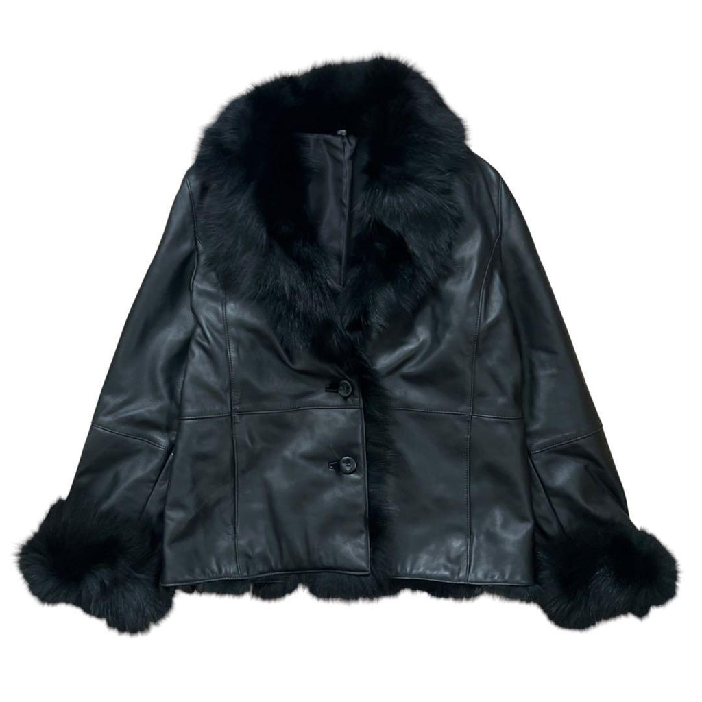 FOX FUR SHEEP LEATHER REAL FUR JACKET BLACK VOLUMINOUS SIZE M/L JAPAN - 26-308 image 17