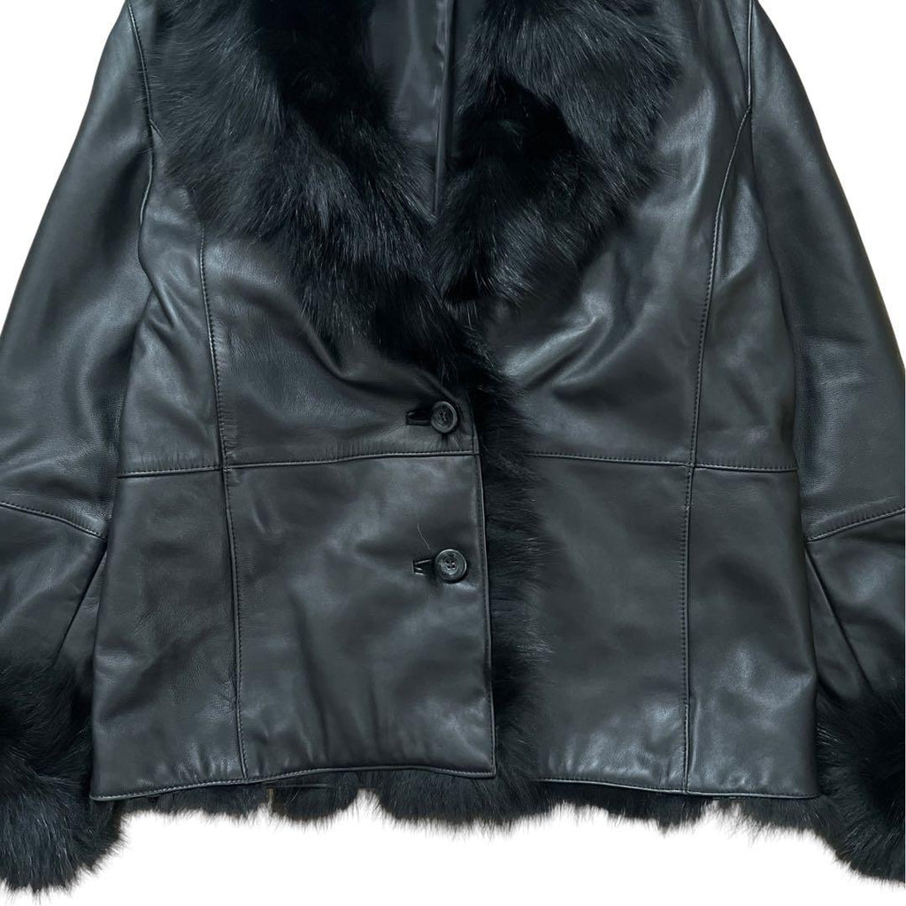 FOX FUR SHEEP LEATHER REAL FUR JACKET BLACK VOLUMINOUS SIZE M/L JAPAN - 26-308 image 19
