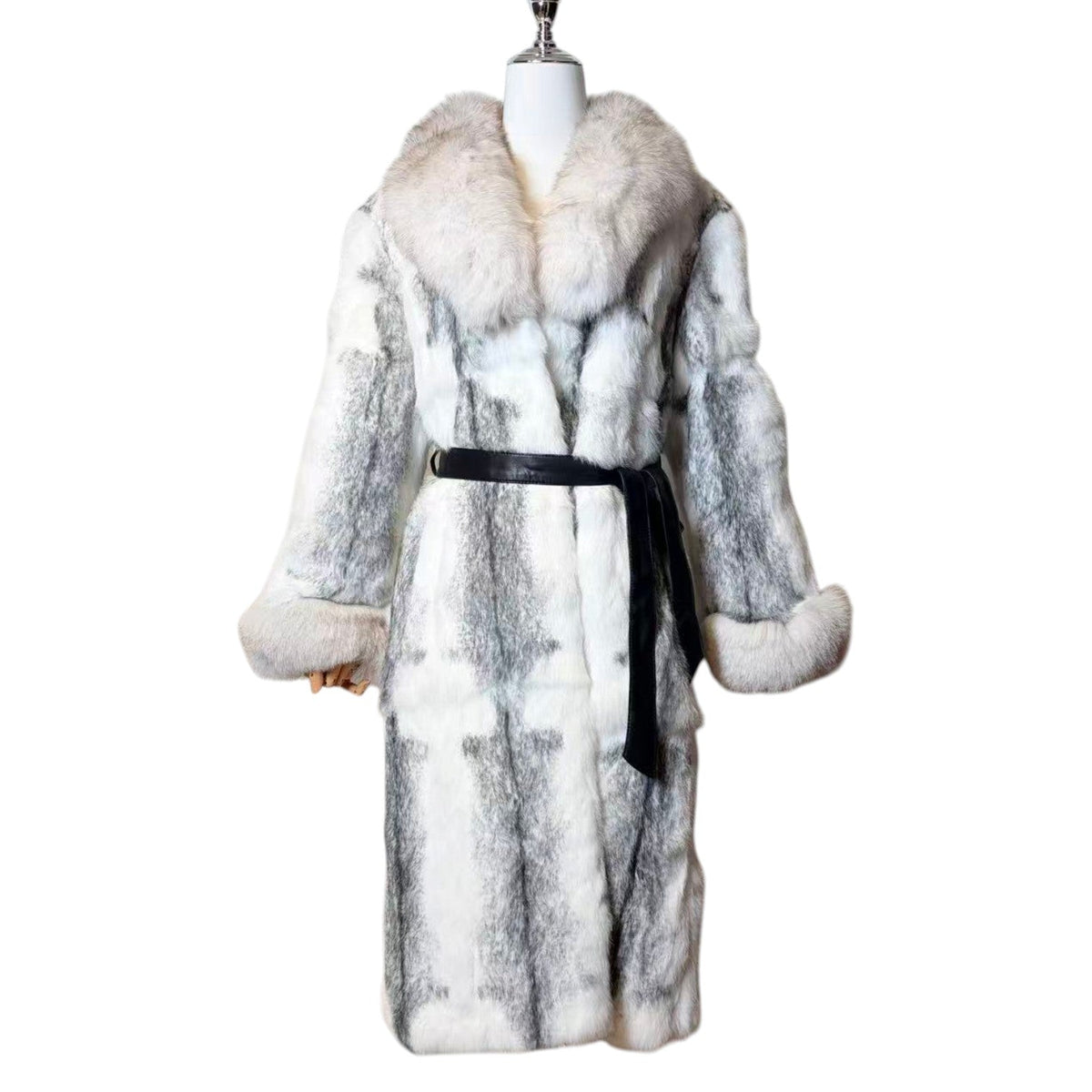 REAL FOX RABBIT FUR COAT JACKET LONG WHITE GREY SIZE M FROM JAPAN image 1