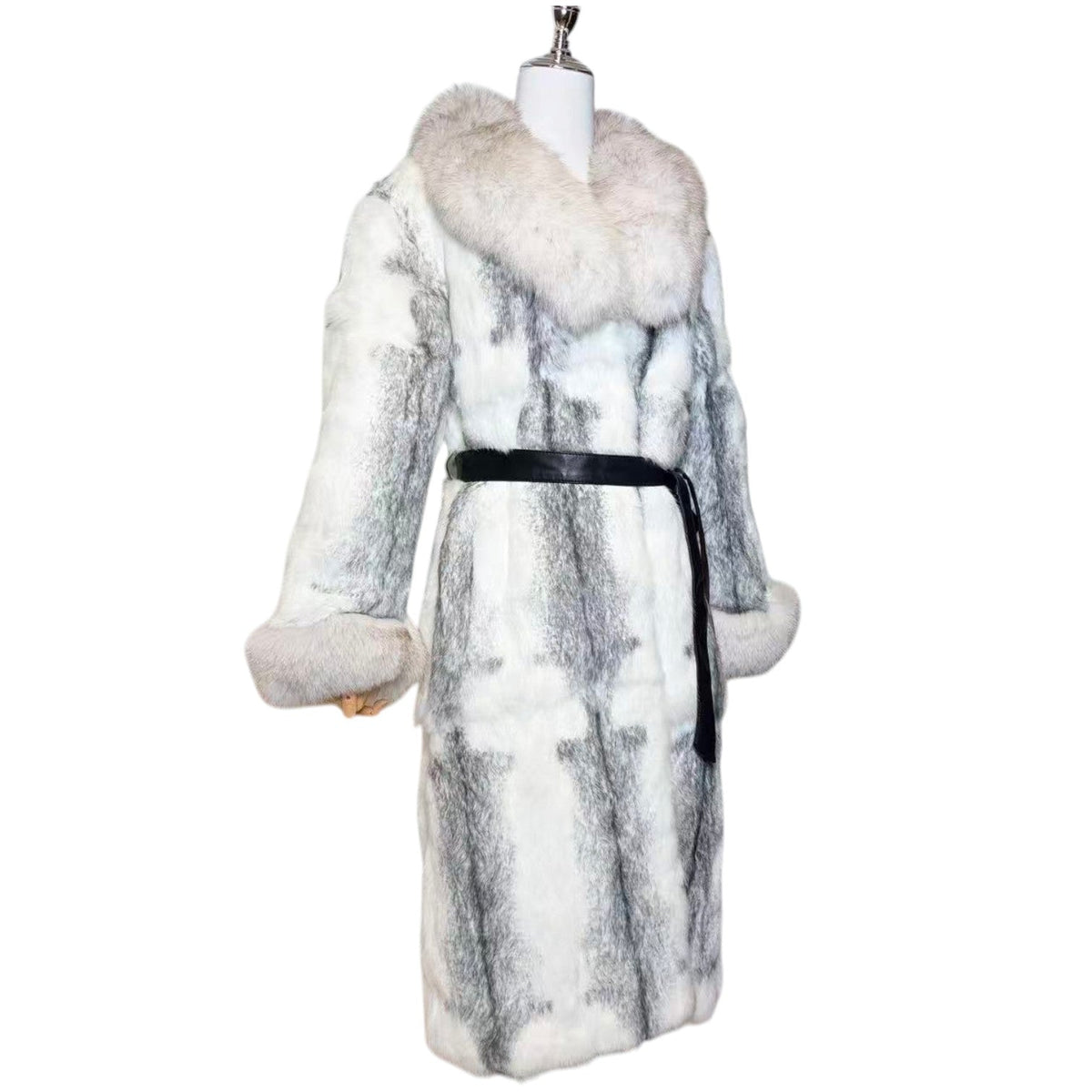 REAL FOX RABBIT FUR COAT JACKET LONG WHITE GREY SIZE M FROM JAPAN image 2