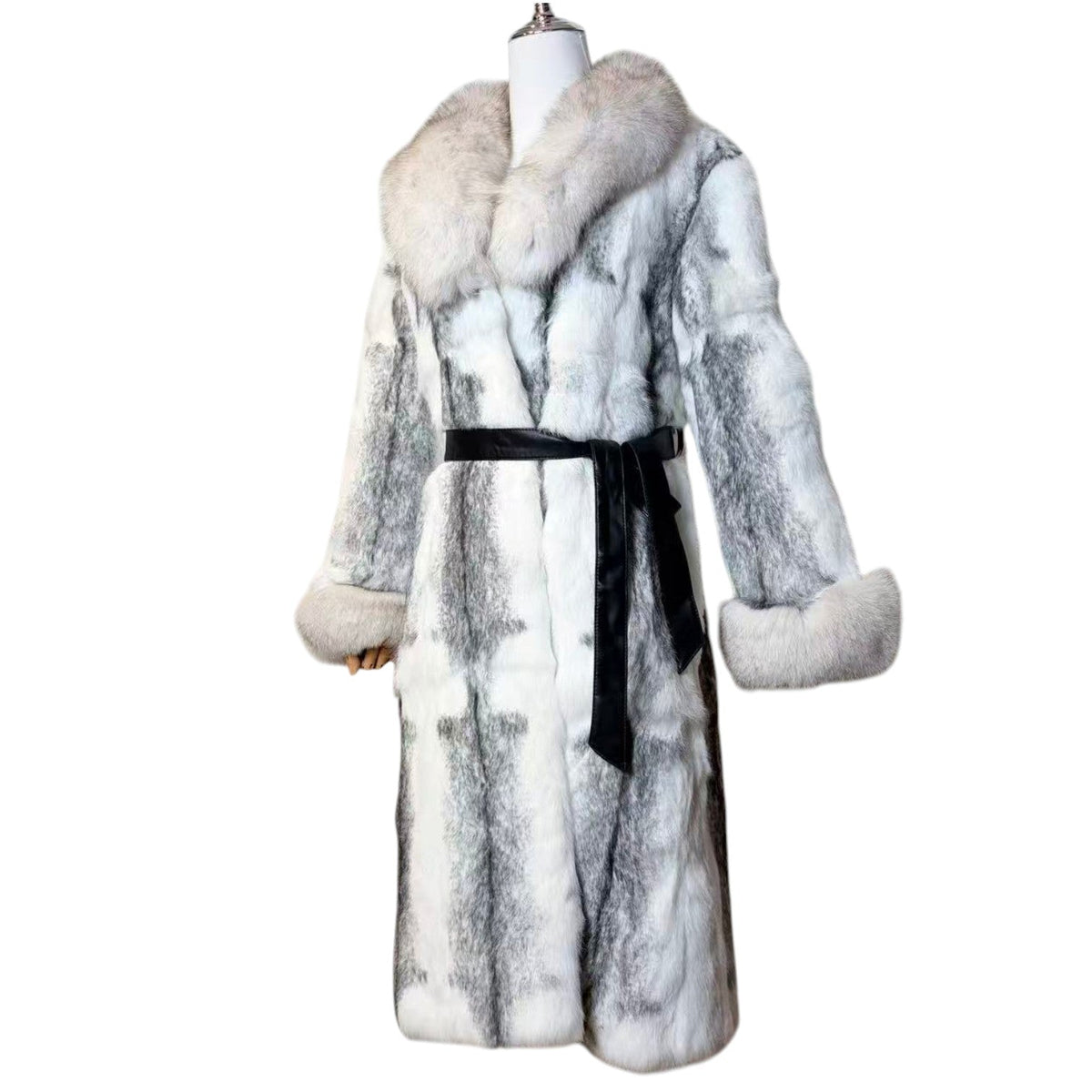 REAL FOX RABBIT FUR COAT JACKET LONG WHITE GREY SIZE M FROM JAPAN image 4