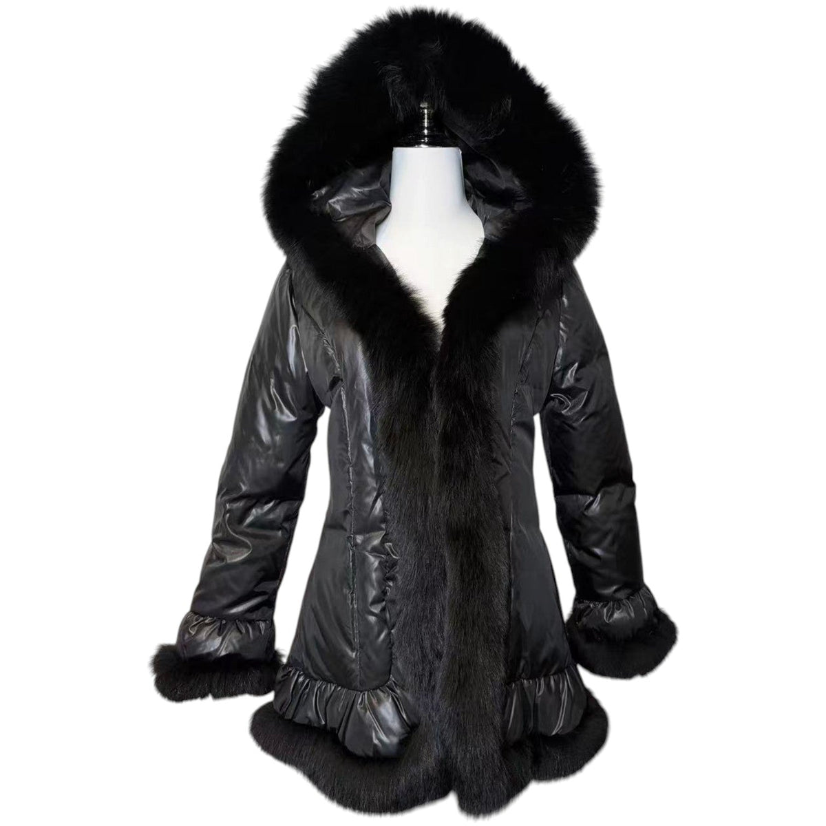 REAL FOX FUR HOODED DOWN JACKET COAT BLACK SIZE M FROM JAPAN image 1