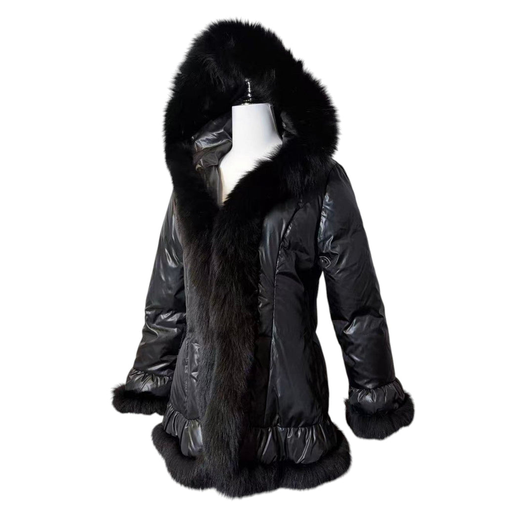 REAL FOX FUR HOODED DOWN JACKET COAT BLACK SIZE M FROM JAPAN image 2