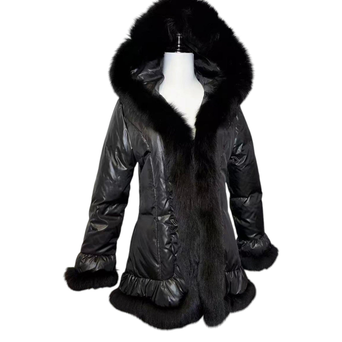 REAL FOX FUR HOODED DOWN JACKET COAT BLACK SIZE M FROM JAPAN image 3