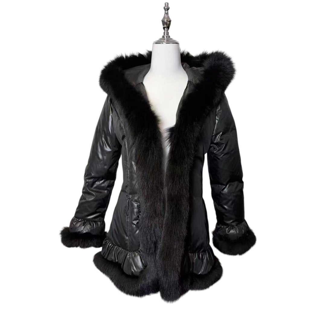 REAL FOX FUR HOODED DOWN JACKET COAT BLACK SIZE M FROM JAPAN image 4