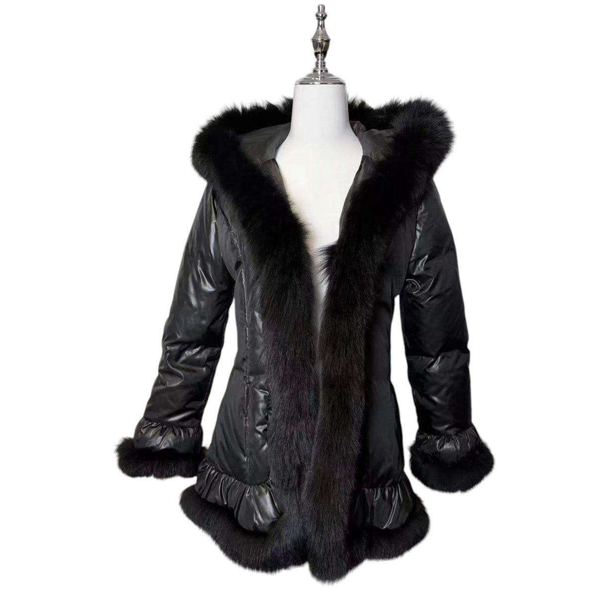 REAL FOX FUR HOODED DOWN JACKET COAT BLACK SIZE M FROM JAPAN image 4