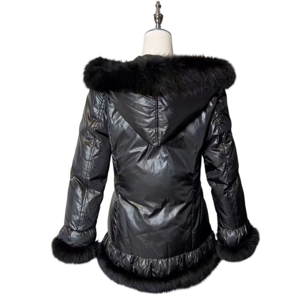 REAL FOX FUR HOODED DOWN JACKET COAT BLACK SIZE M FROM JAPAN image 7