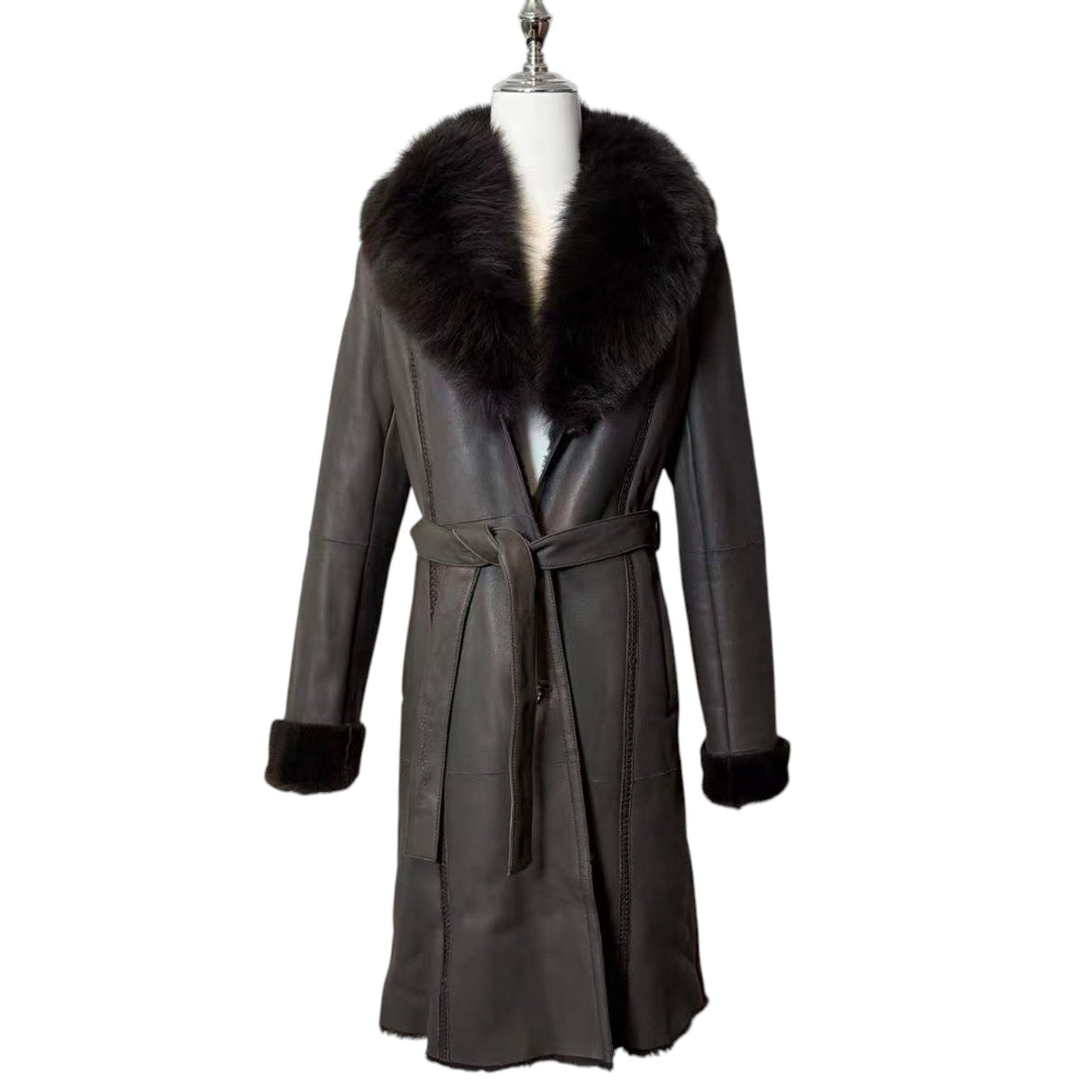 J-WHITE REAL BLUE FOX FUR TRIM LAMBSKIN COAT LONG BROWN SIZE S FROM JAPAN image 1