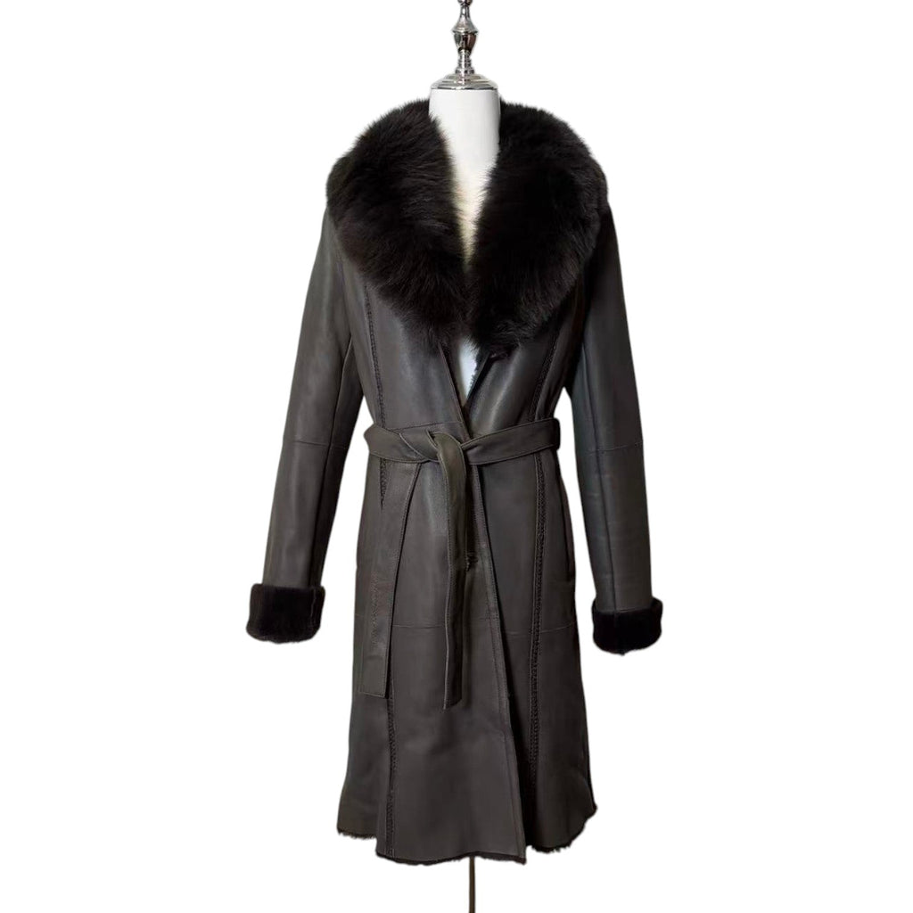 J-WHITE REAL BLUE FOX FUR TRIM LAMBSKIN COAT LONG BROWN SIZE S FROM JAPAN image 2