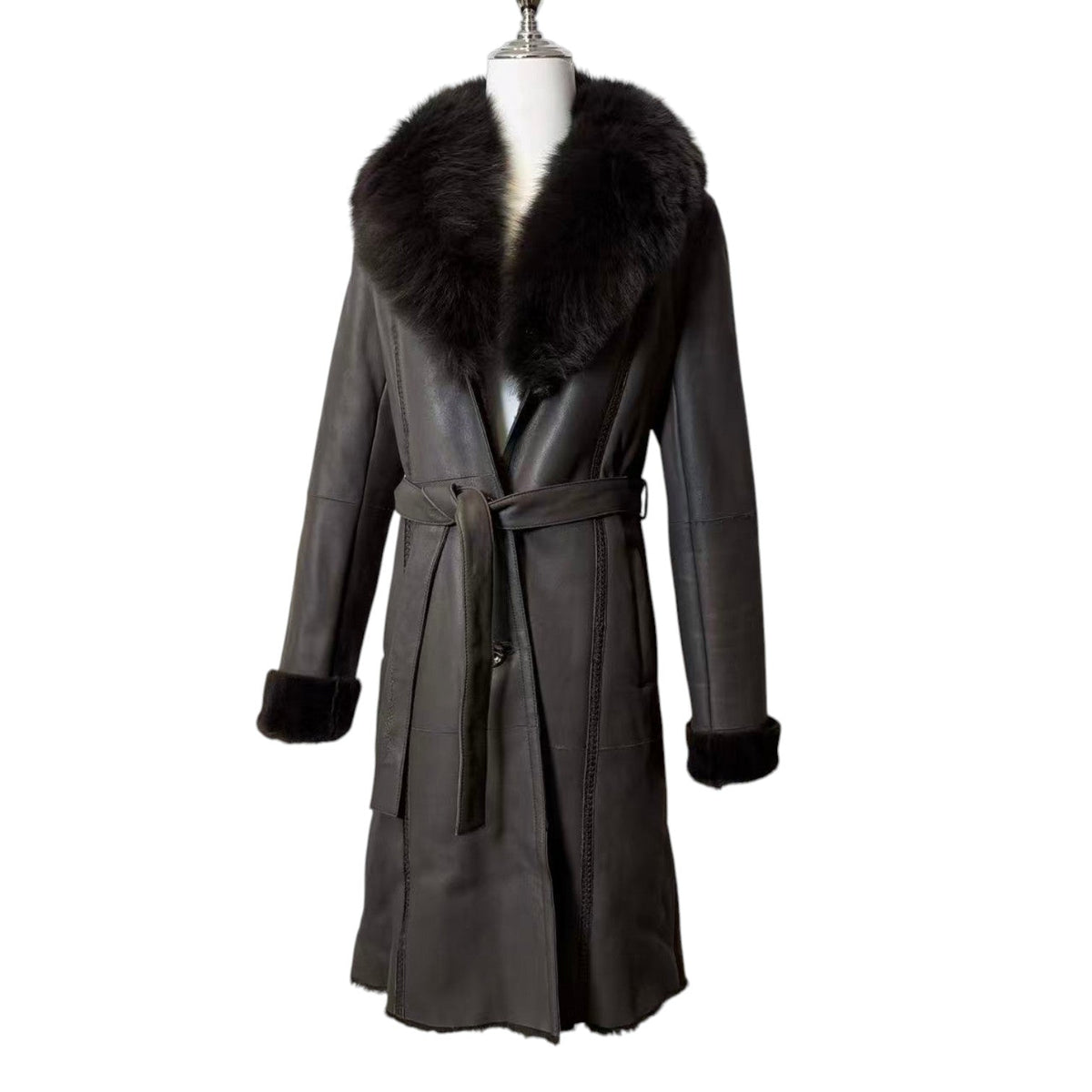 J-WHITE REAL BLUE FOX FUR TRIM LAMBSKIN COAT LONG BROWN SIZE S FROM JAPAN image 3