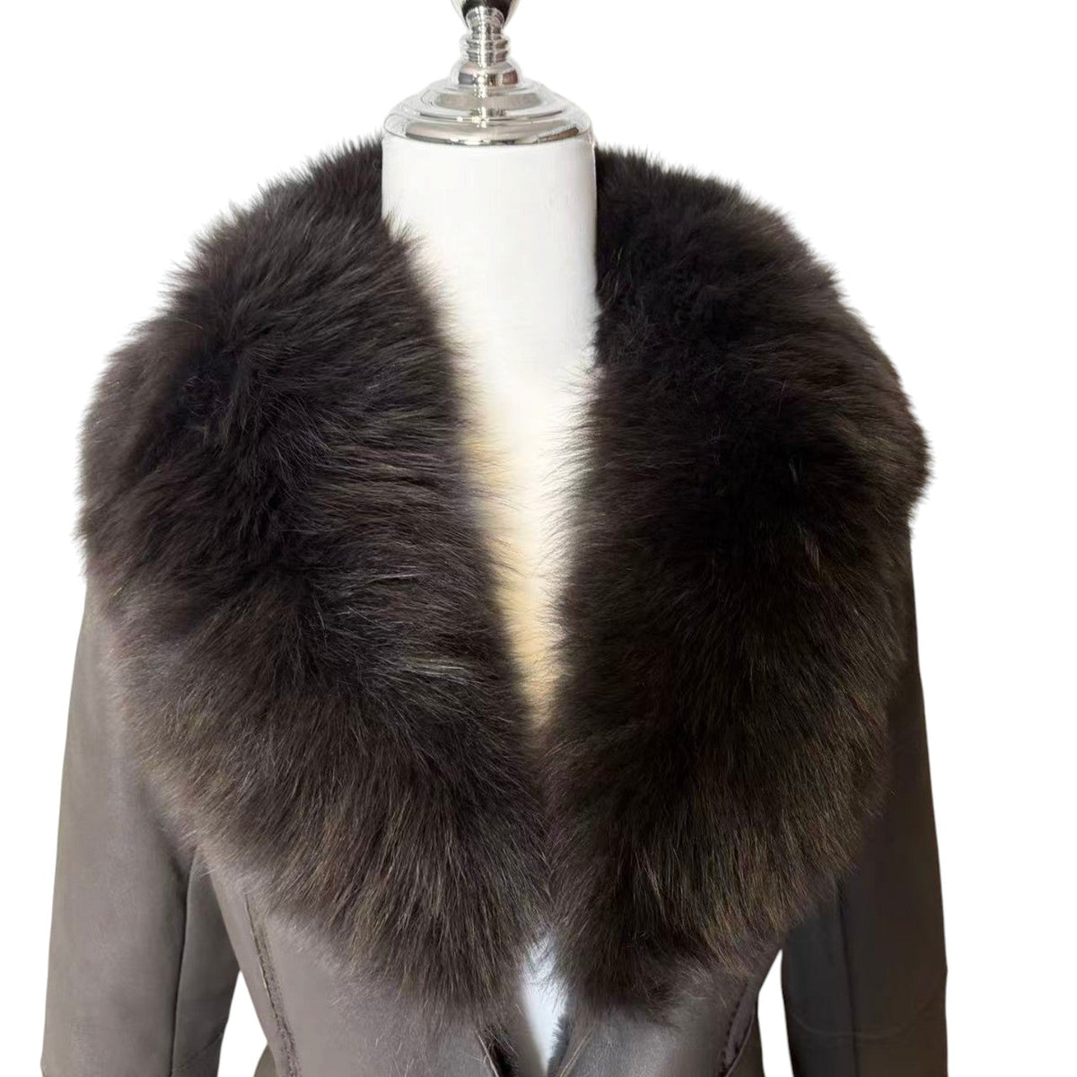 J-WHITE REAL BLUE FOX FUR TRIM LAMBSKIN COAT LONG BROWN SIZE S FROM JAPAN image 4