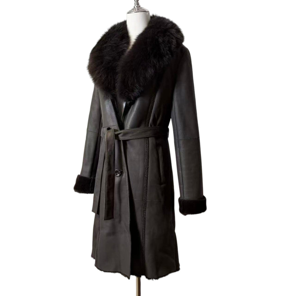 J-WHITE REAL BLUE FOX FUR TRIM LAMBSKIN COAT LONG BROWN SIZE S FROM JAPAN image 5