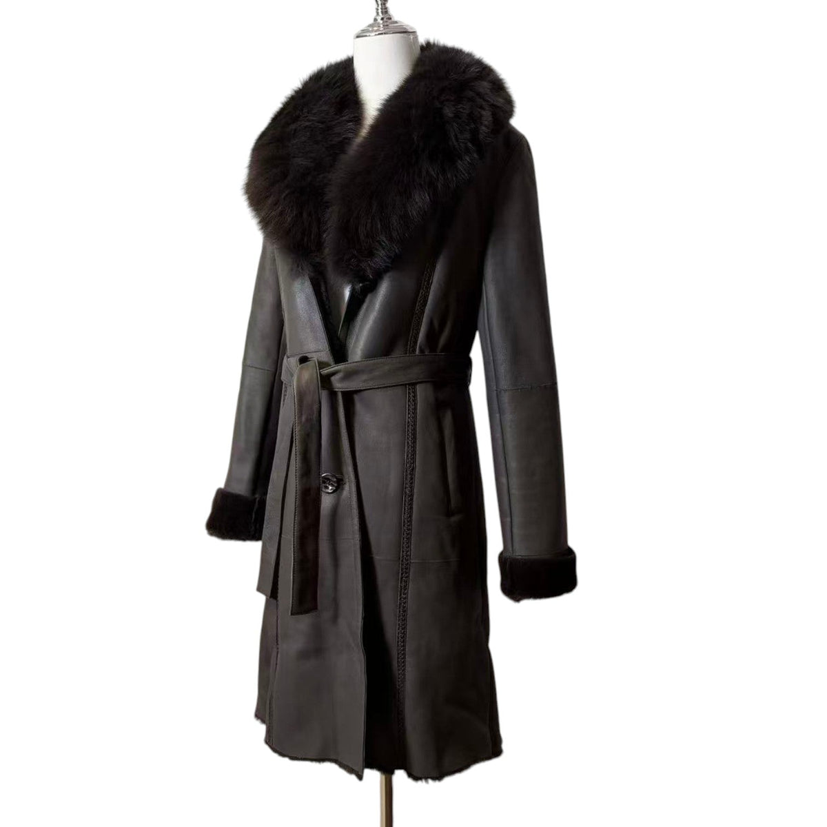 J-WHITE REAL BLUE FOX FUR TRIM LAMBSKIN COAT LONG BROWN SIZE S FROM JAPAN image 5