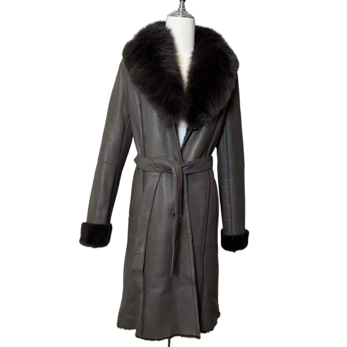 J-WHITE REAL BLUE FOX FUR TRIM LAMBSKIN COAT LONG BROWN SIZE S FROM JAPAN image 6