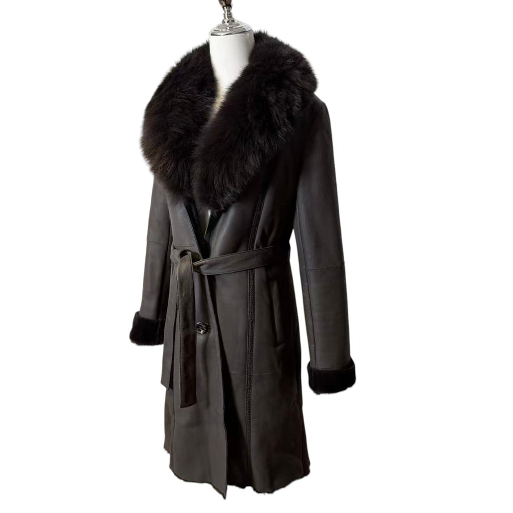 J-WHITE REAL BLUE FOX FUR TRIM LAMBSKIN COAT LONG BROWN SIZE S FROM JAPAN image 7