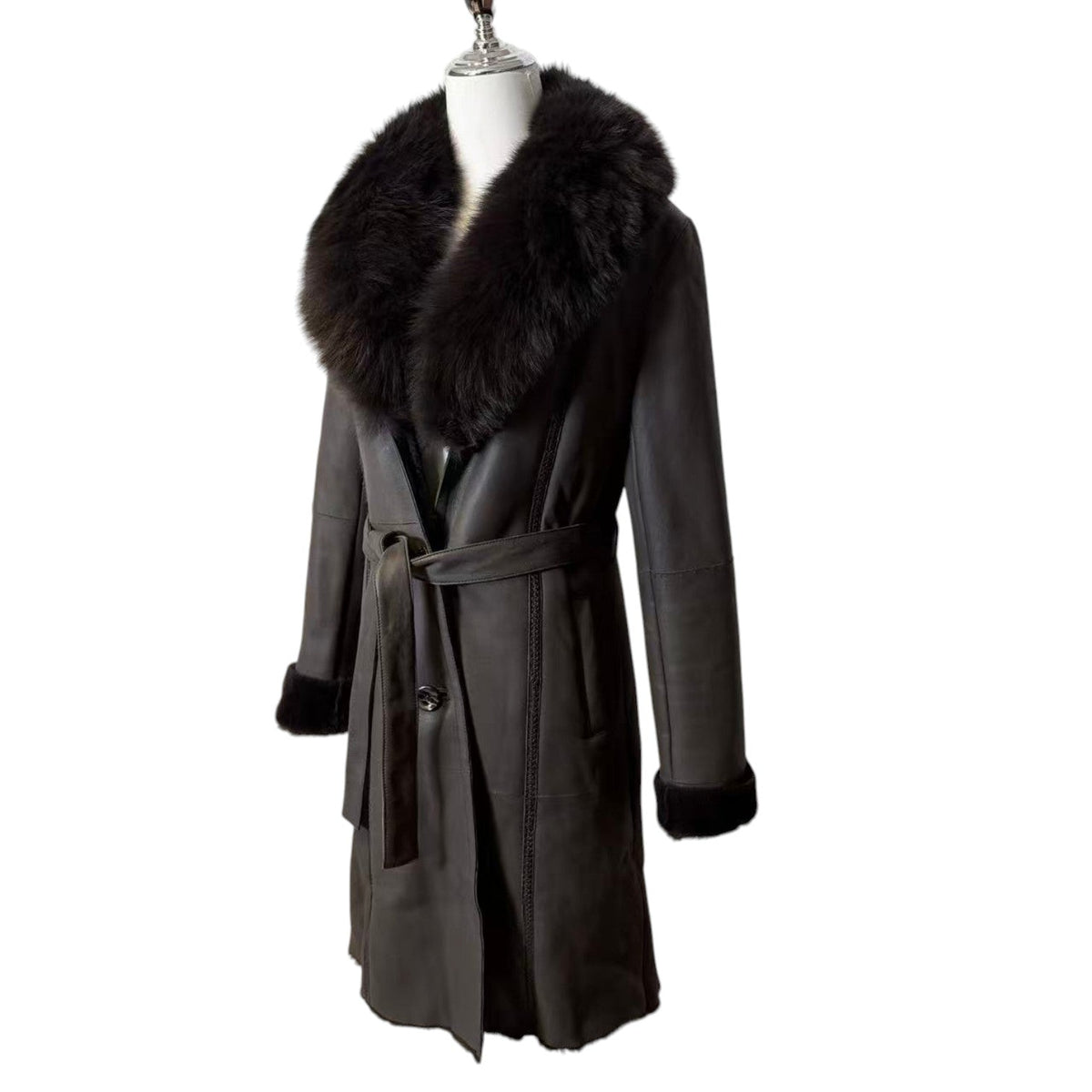 J-WHITE REAL BLUE FOX FUR TRIM LAMBSKIN COAT LONG BROWN SIZE S FROM JAPAN image 7