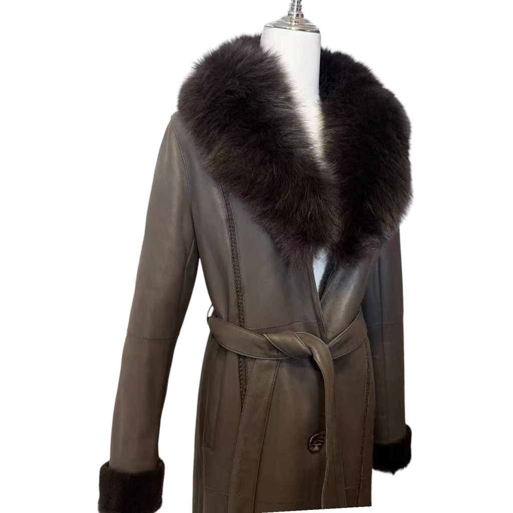 J-WHITE REAL BLUE FOX FUR TRIM LAMBSKIN COAT LONG BROWN SIZE S FROM JAPAN image 8