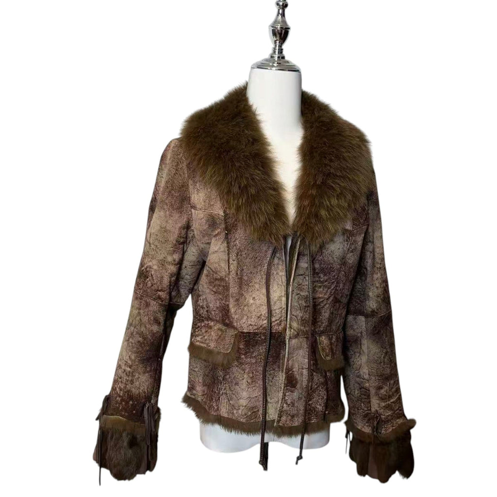 REAL RABBIT BLUE FOX FUR SHEARLING JACKET BROWN Y2K SIZE M FROM JAPAN image 2