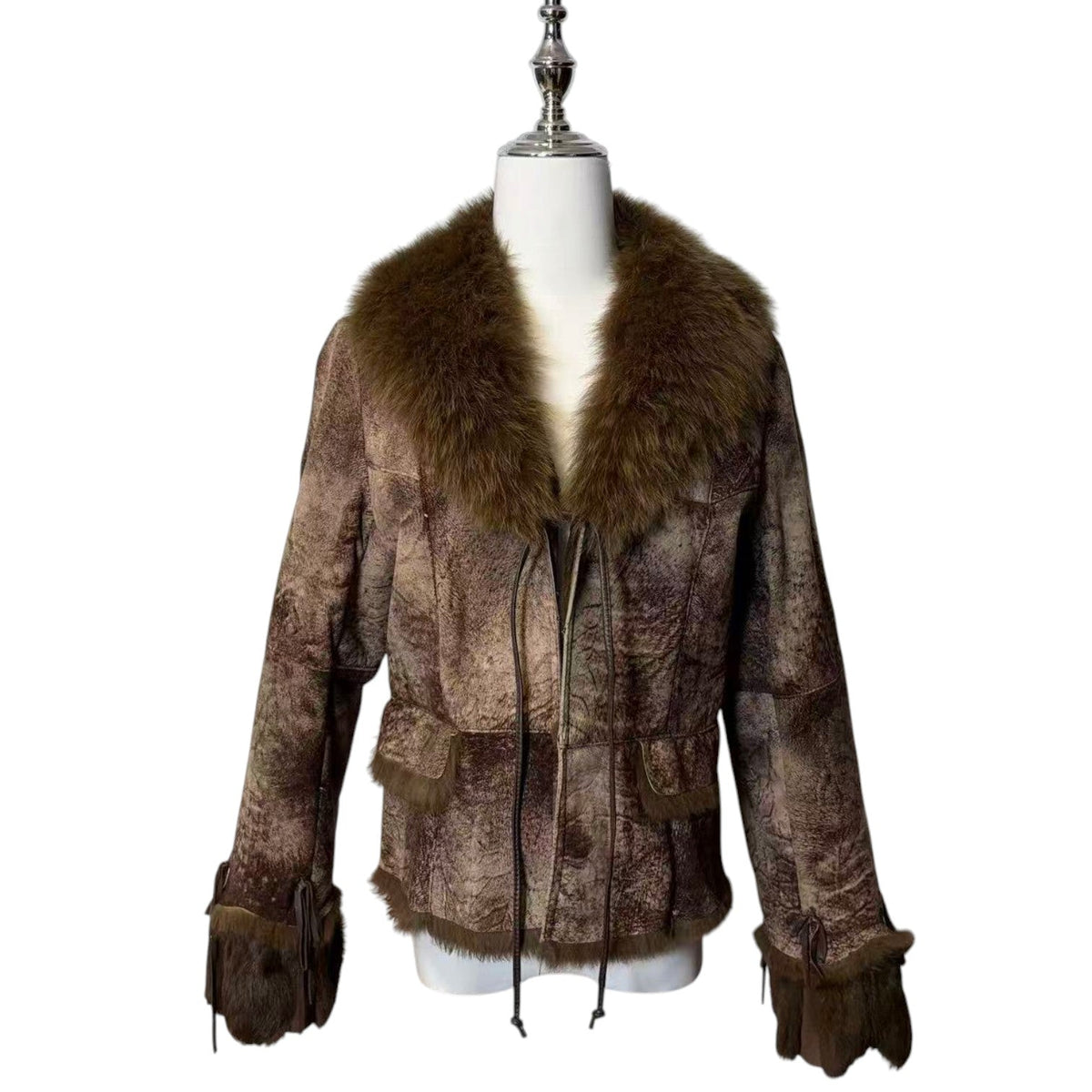 REAL RABBIT BLUE FOX FUR SHEARLING JACKET BROWN Y2K SIZE M FROM JAPAN image 3