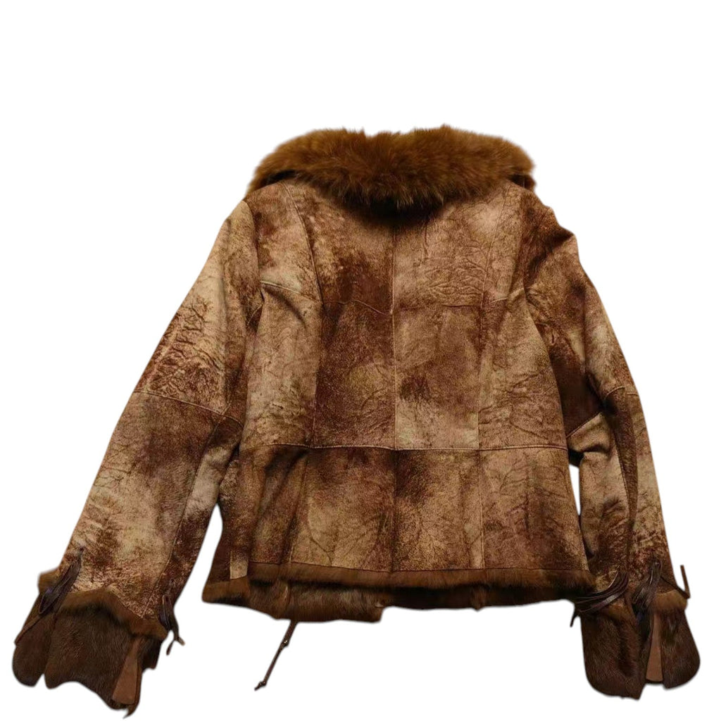 REAL RABBIT BLUE FOX FUR SHEARLING JACKET BROWN Y2K SIZE M FROM JAPAN image 11