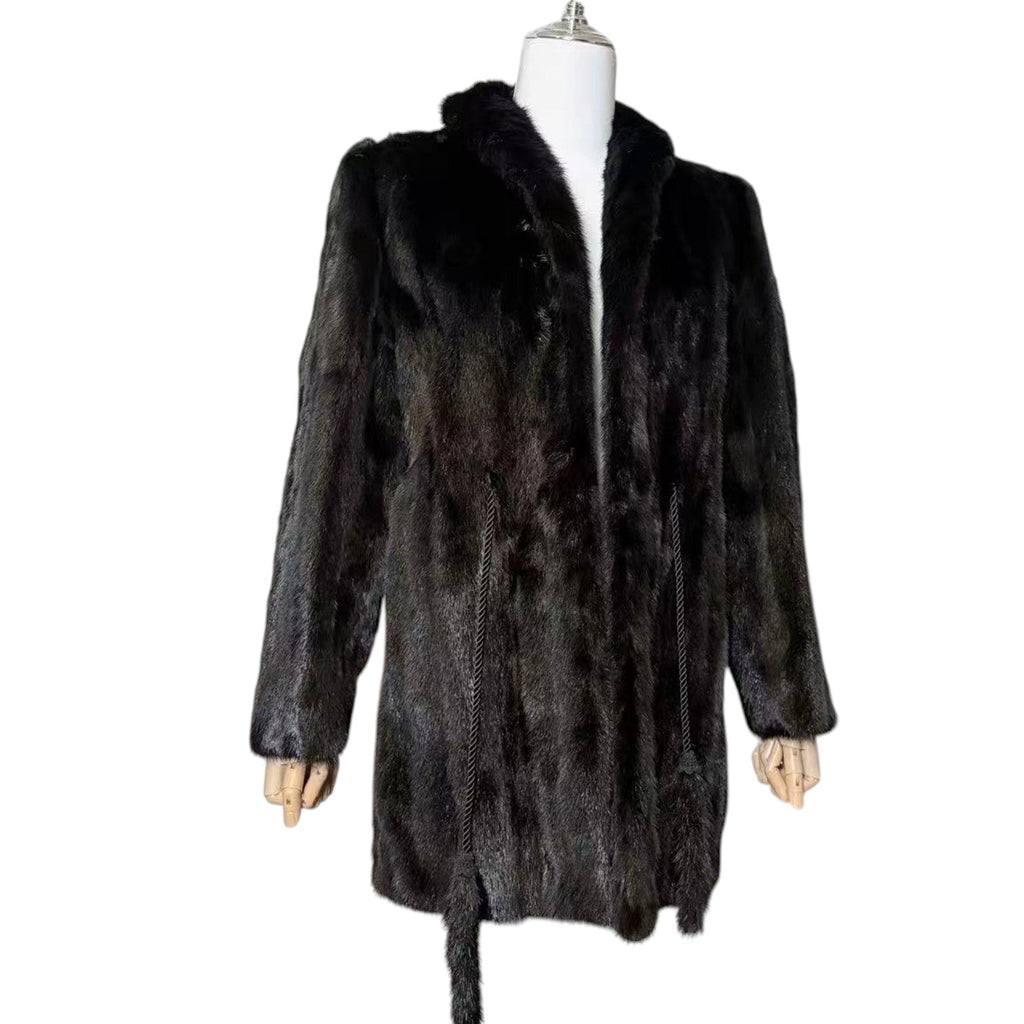 REAL MINK FUR COAT JACKET BLACK FLORAL LINING TIE MID-LENGTH SIZE M FROM JAPAN image 1