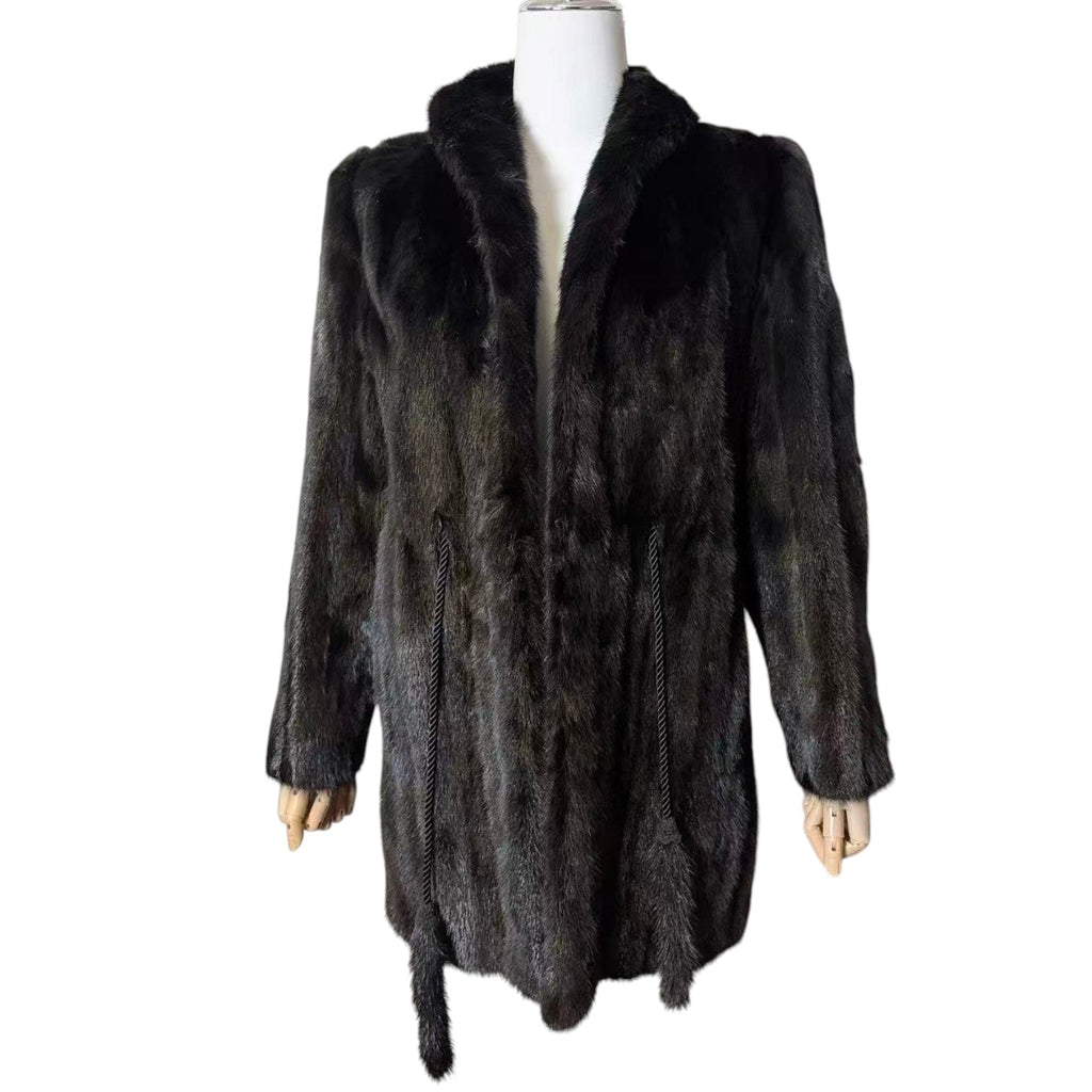 REAL MINK FUR COAT JACKET BLACK FLORAL LINING TIE MID-LENGTH SIZE M FROM JAPAN image 2