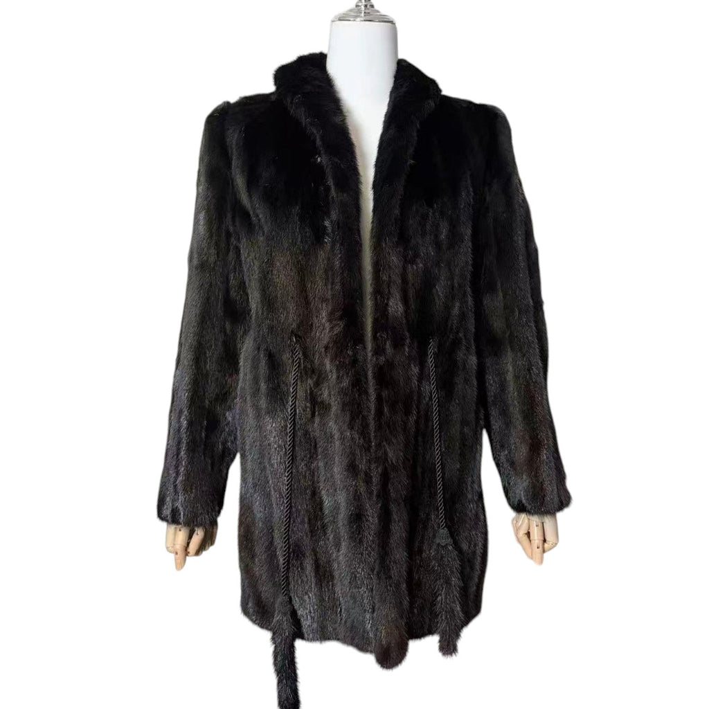 REAL MINK FUR COAT JACKET BLACK FLORAL LINING TIE MID-LENGTH SIZE M FROM JAPAN image 3