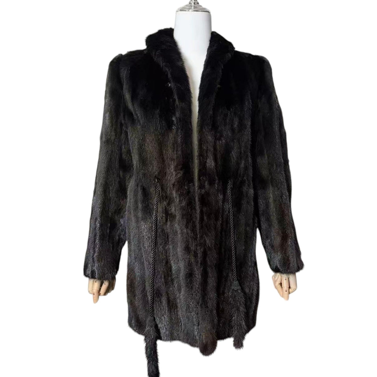 REAL MINK FUR COAT JACKET BLACK FLORAL LINING TIE MID-LENGTH SIZE M FROM JAPAN image 3