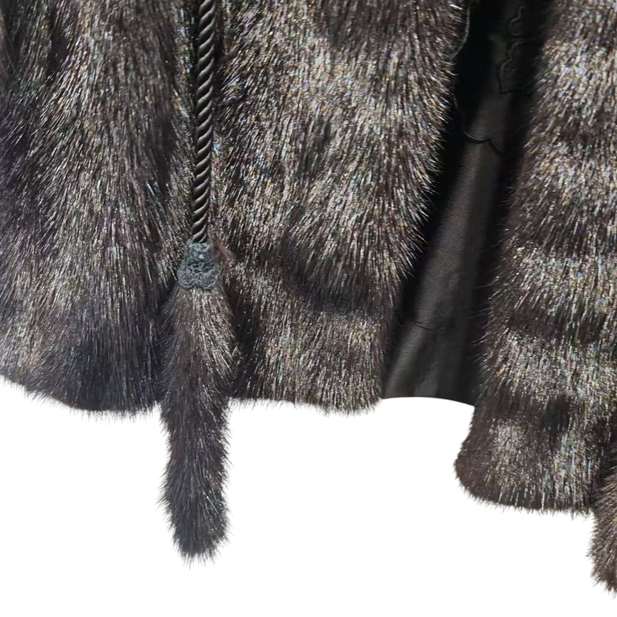 REAL MINK FUR COAT JACKET BLACK FLORAL LINING TIE MID-LENGTH SIZE M FROM JAPAN image 4