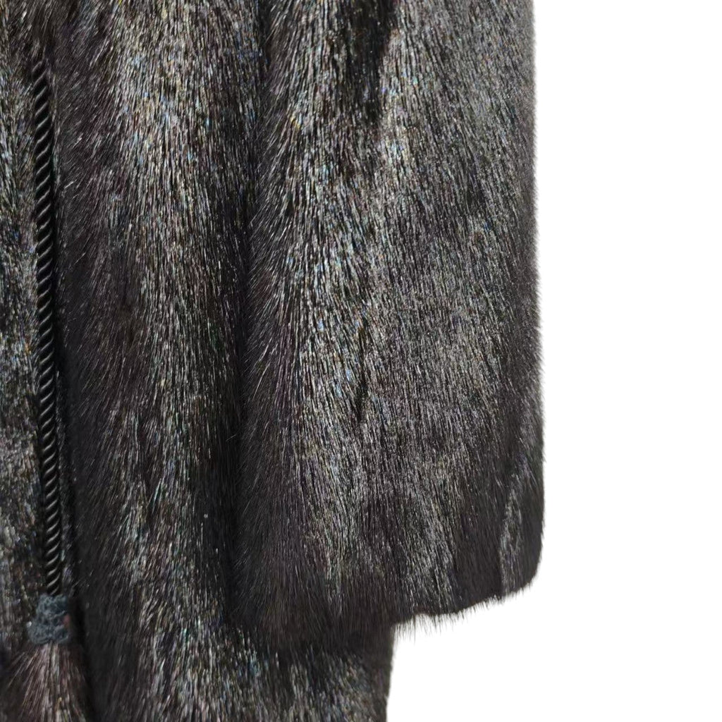 REAL MINK FUR COAT JACKET BLACK FLORAL LINING TIE MID-LENGTH SIZE M FROM JAPAN image 5