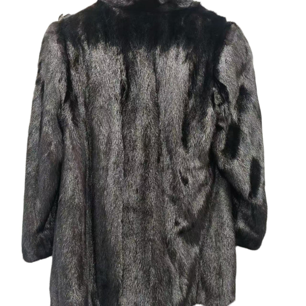 REAL MINK FUR COAT JACKET BLACK FLORAL LINING TIE MID-LENGTH SIZE M FROM JAPAN image 8