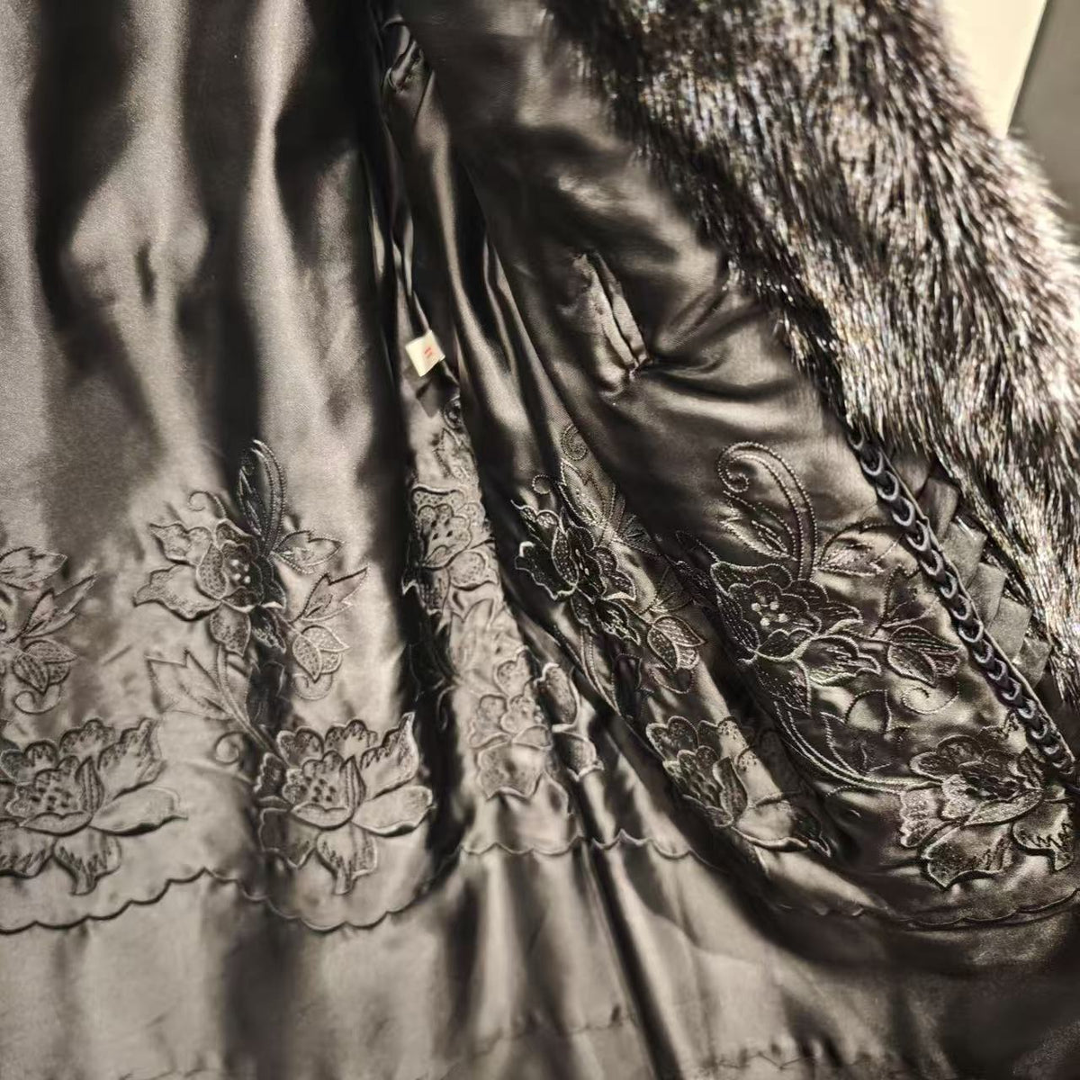 REAL MINK FUR COAT JACKET BLACK FLORAL LINING TIE MID-LENGTH SIZE M FROM JAPAN image 9
