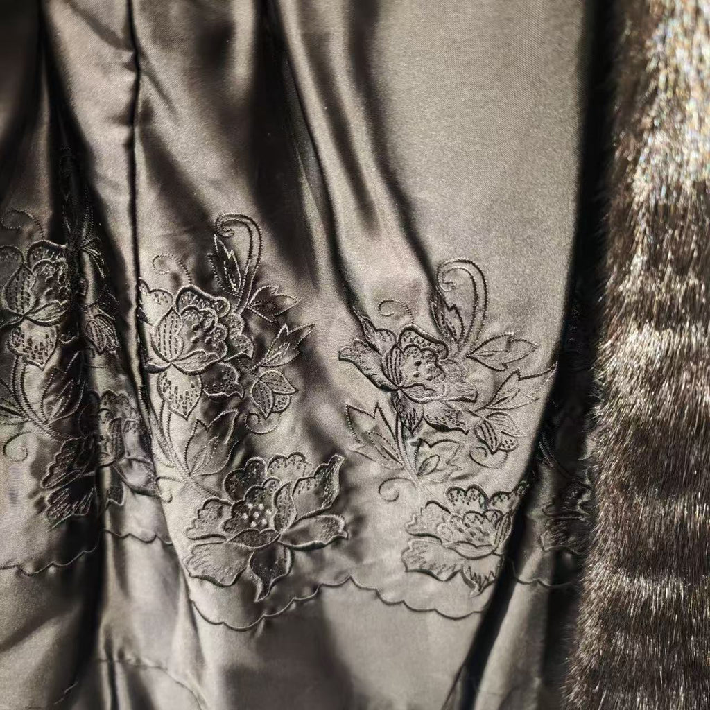 REAL MINK FUR COAT JACKET BLACK FLORAL LINING TIE MID-LENGTH SIZE M FROM JAPAN image 10