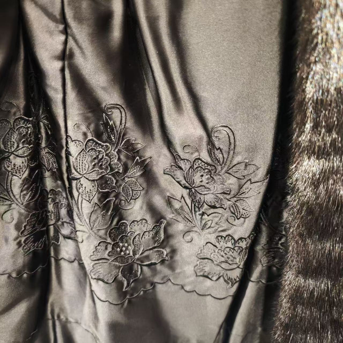 REAL MINK FUR COAT JACKET BLACK FLORAL LINING TIE MID-LENGTH SIZE M FROM JAPAN image 10