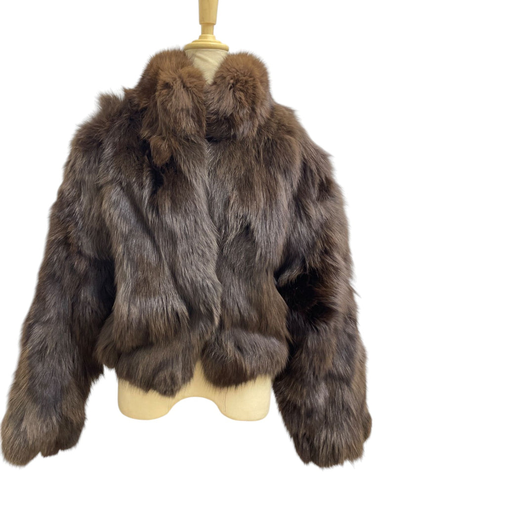 REAL FOX FUR CROPPED JACKET COAT VOLUMINOUS THICK WARM BROWN FROM JAPAN