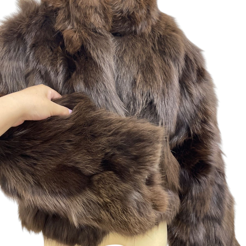REAL FOX FUR CROPPED JACKET COAT VOLUMINOUS THICK WARM BROWN FROM JAPAN