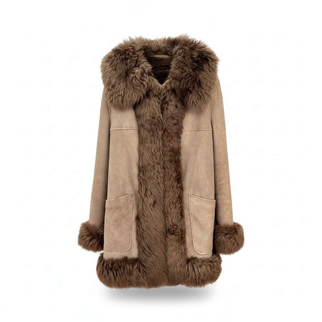COZON VINTAGE SHEARLING MOUTON FUR COAT JACKET BROWN SIZE 13 L SPAIN - image 1
