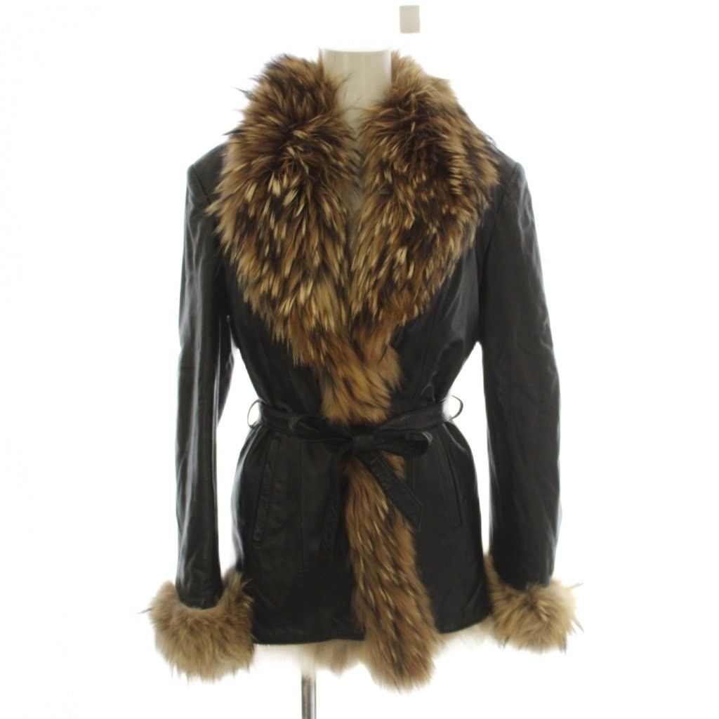YAZHENNI REAL LEATHER FOX FUR COLLAR BELTED COAT JACKET BLACK SIZE 48 L JAPAN - image 1
