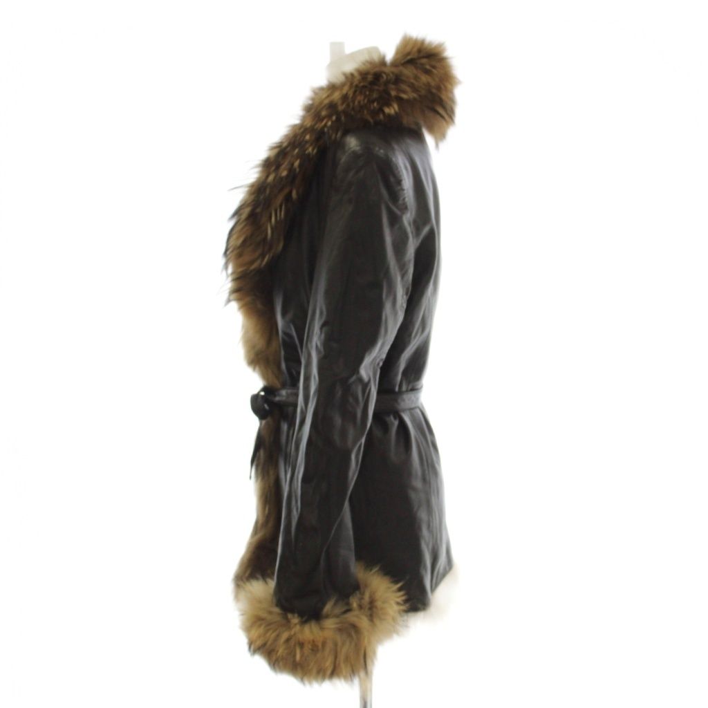 YAZHENNI REAL LEATHER FOX FUR COLLAR BELTED COAT JACKET BLACK SIZE 48 L JAPAN - image 2