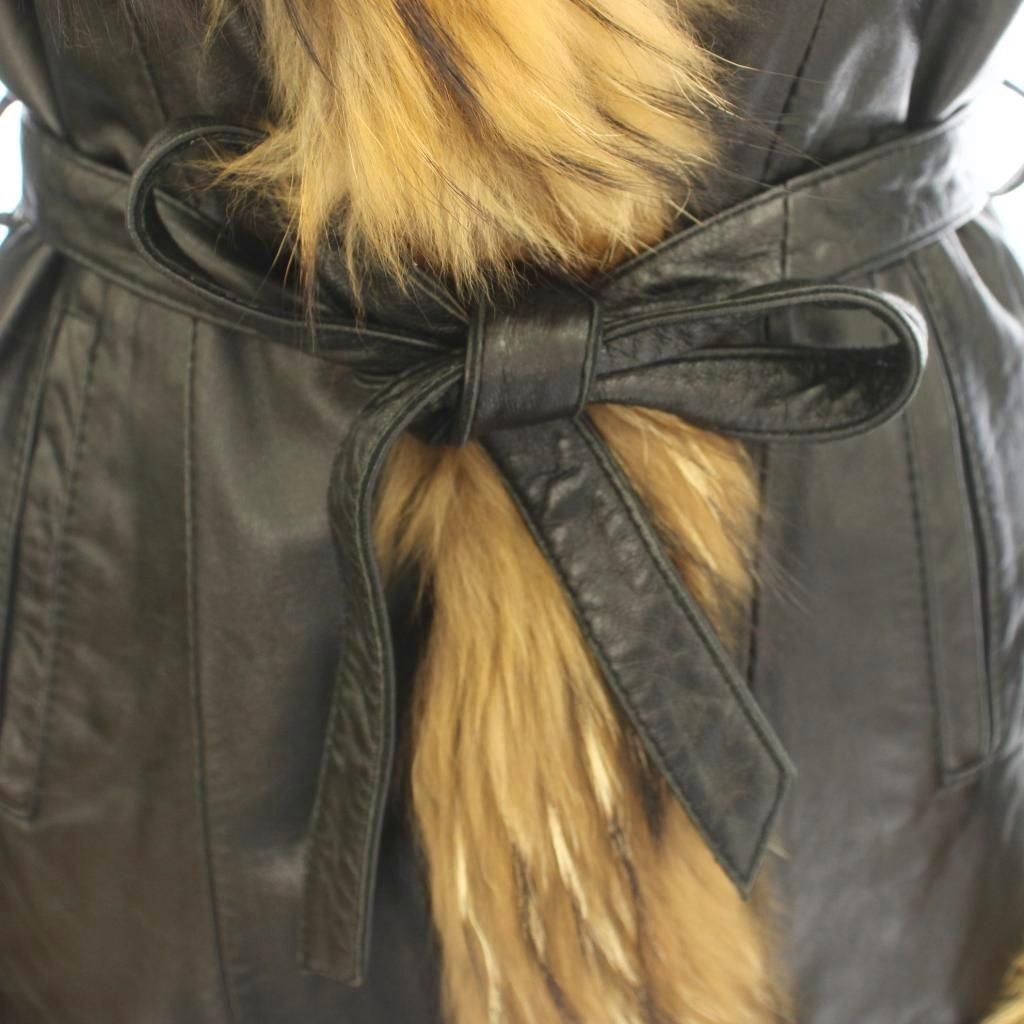 YAZHENNI REAL LEATHER FOX FUR COLLAR BELTED COAT JACKET BLACK SIZE 48 L JAPAN - image 6