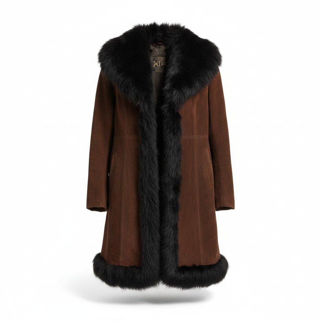 NAP VINTAGE SUEDE LEATHER REAL FUR COLLAR TRIM COAT JACKET BROWN SIZE 11 L - image 1