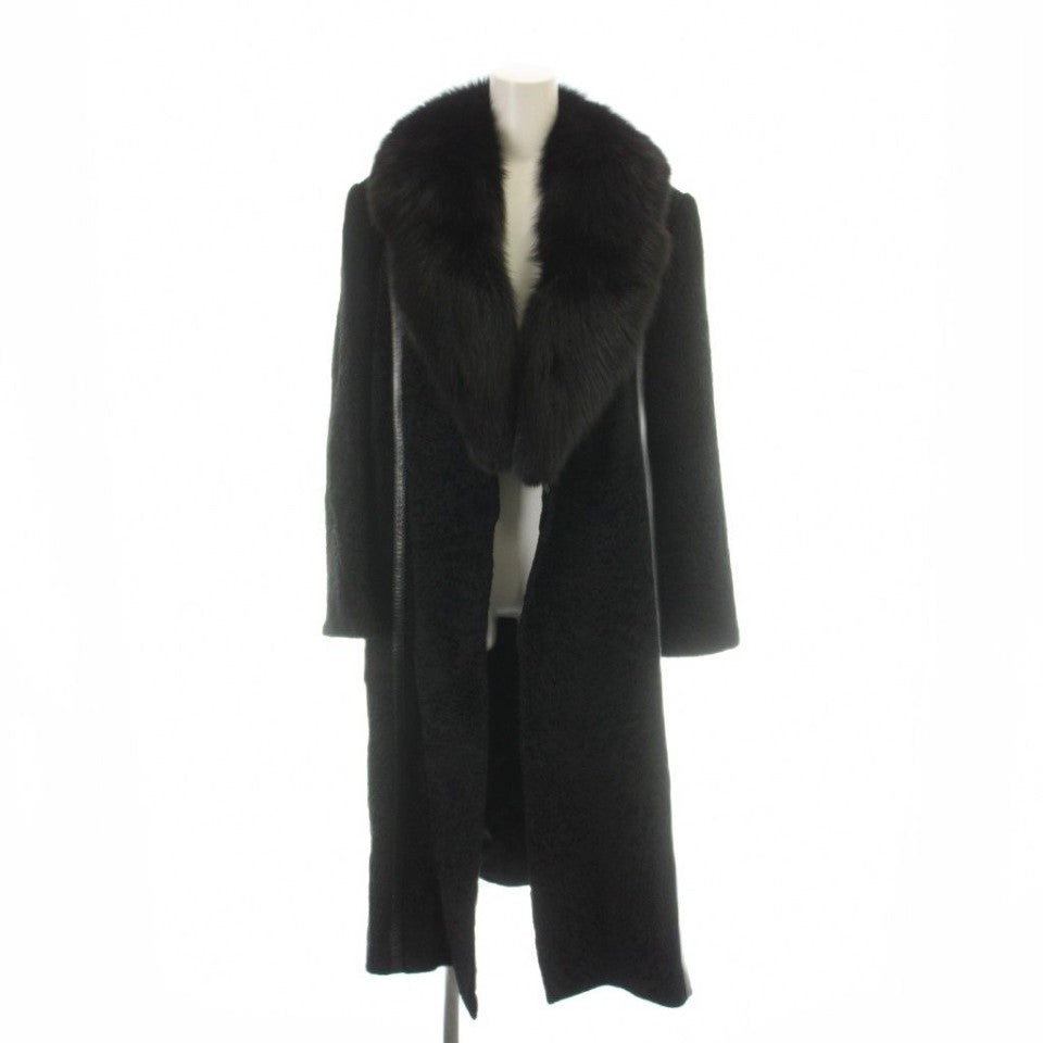 REAL FOX FUR COLLAR LAMB FUR LONG COAT JACKET BLACK SIZE 15 2XL JAPAN - image 1